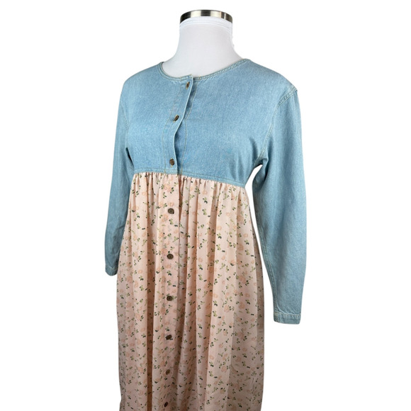 Vtg 90s Express Prairie Dress Denim Bodice Floral Maxi Cottagecore Coquette M - Picture 7 of 15